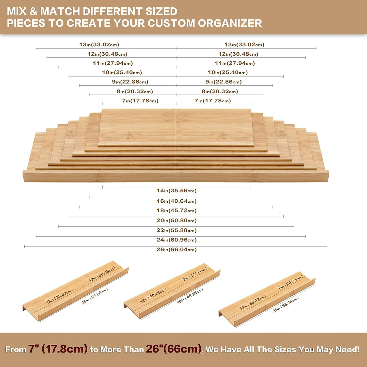 Bamboo Spice Rack Drawer Organizer - 8 Pieces Set- 7" Wide Per Piece - Combine Pieces Into 14" Wide Rack (7" or 14")