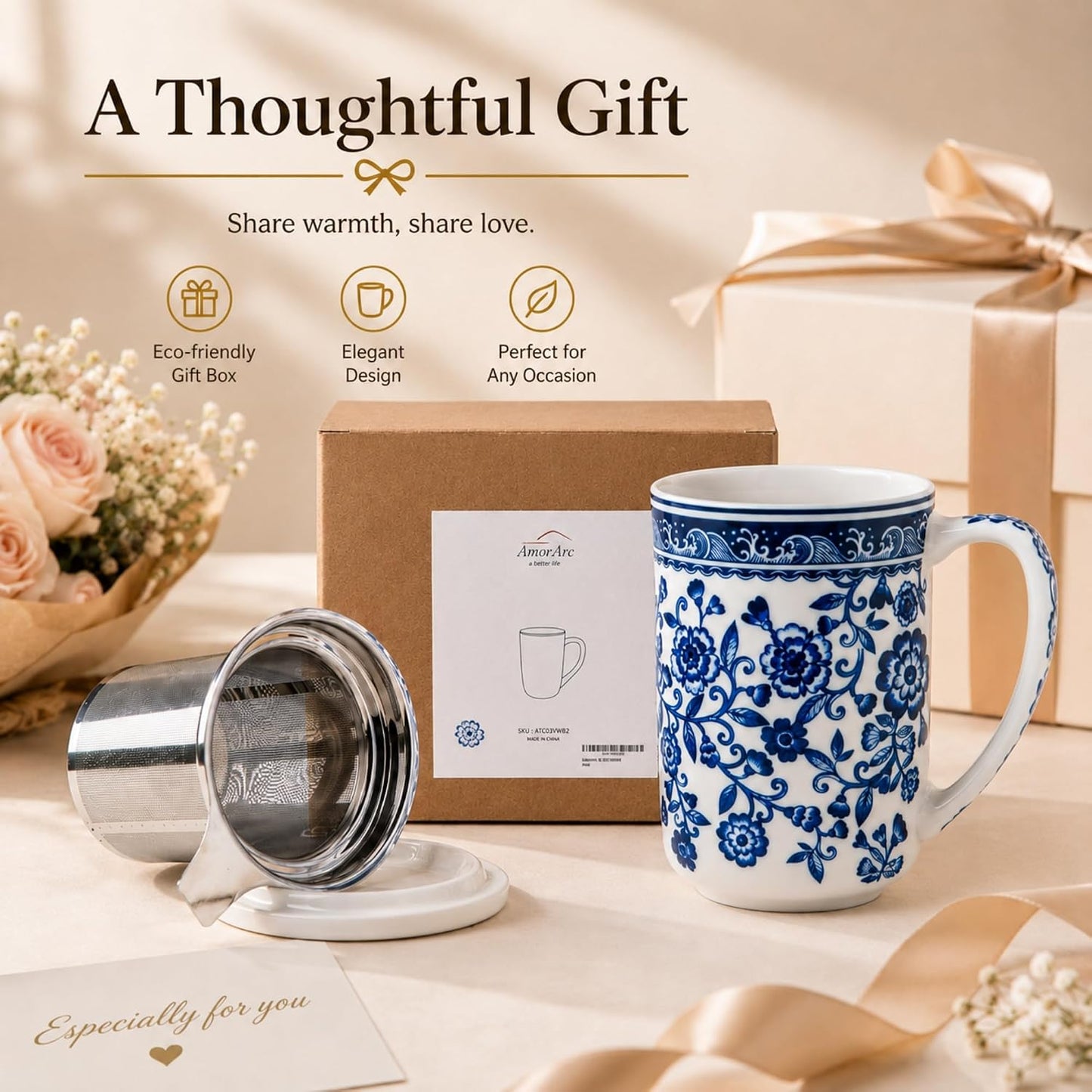 AmorArc Tea Cup With Infuser and Lid, 18oz Loose Leaf Tea Mug With Steeper | Porcelain Tea Mug With Infuser and Lid, Large Strainer Tea Cup with Lid for Tea, Coffee Mug for House-warming Birthday Gift