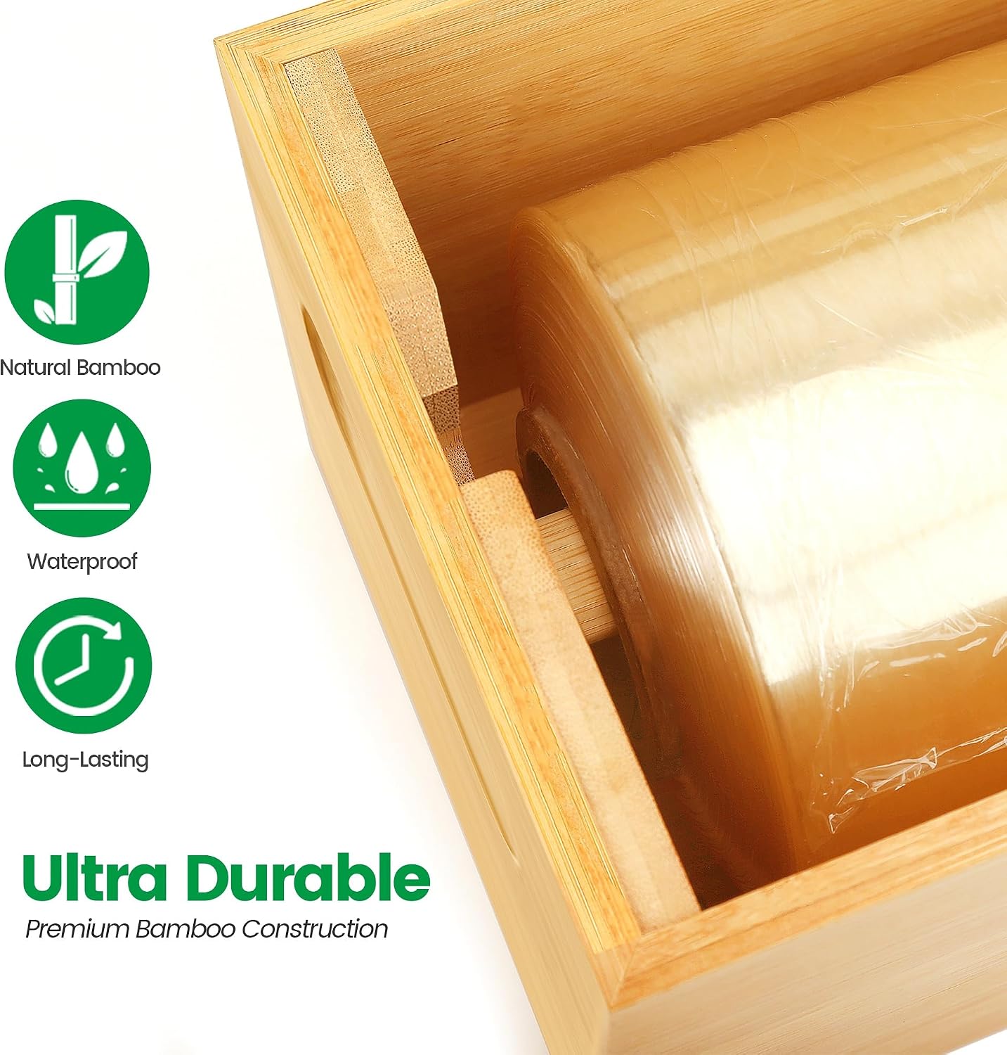 Libreshine 24 Inch Plastic Wrap and Paper Roll Dispenser with Cutter | Bamboo countertop dispenser holds one roll up to 24 inches wide and 5.5 inches in diameter; core opening over 0.8 inch