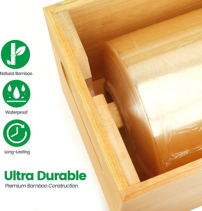 Libreshine 24 Inch Plastic Wrap and Paper Roll Dispenser with Cutter | Bamboo countertop dispenser holds one roll up to 24 inches wide and 5.5 inches in diameter; core opening over 0.8 inch