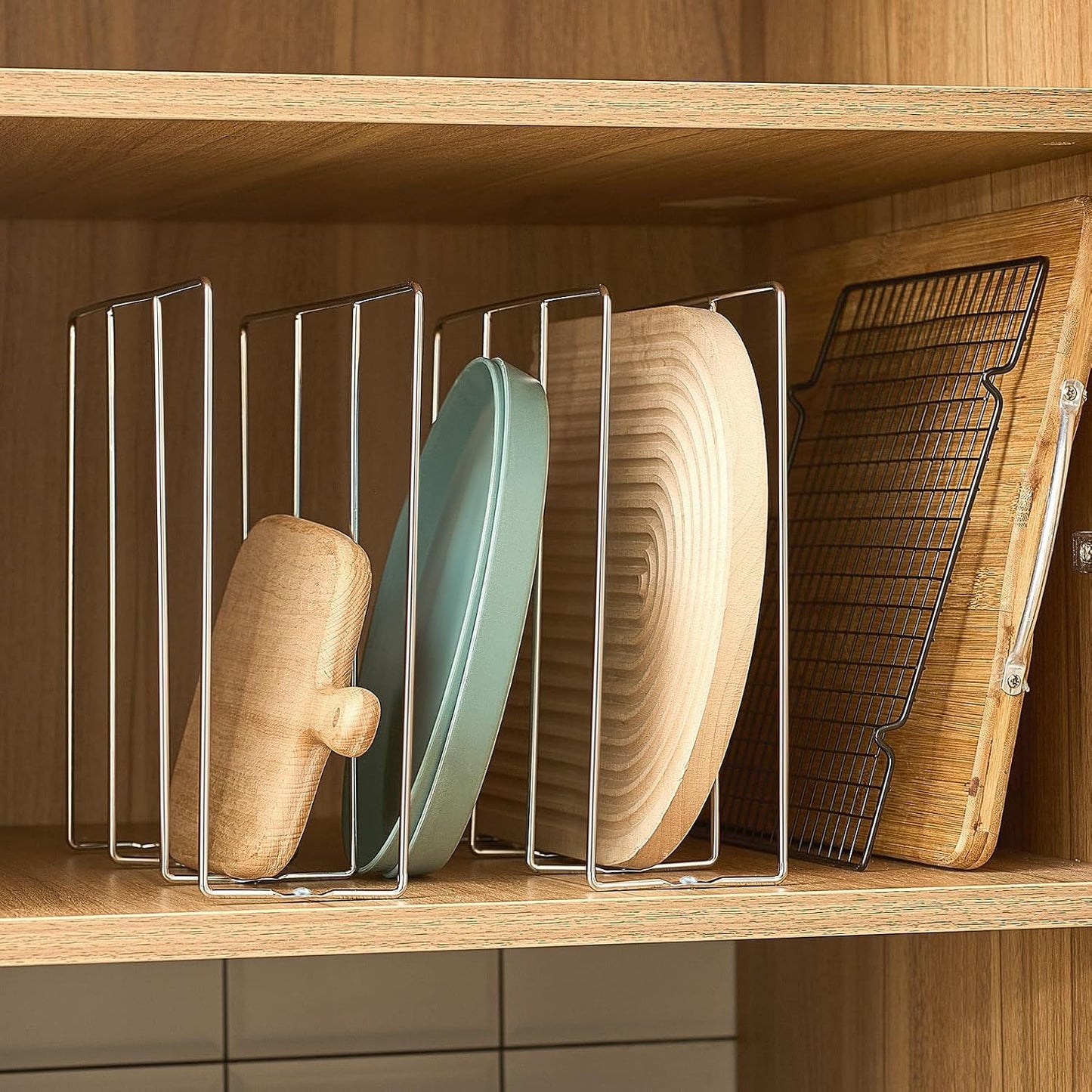 Blulu U Shaped Cookie Sheet Organizer for Cabinet Baking Sheet Organizer Kitchen Cabinet Dividers Vertical Chrome Pan Rack Storage Wires Tray Dividers Face Opening of 3.5"(Silver,2 Pcs)