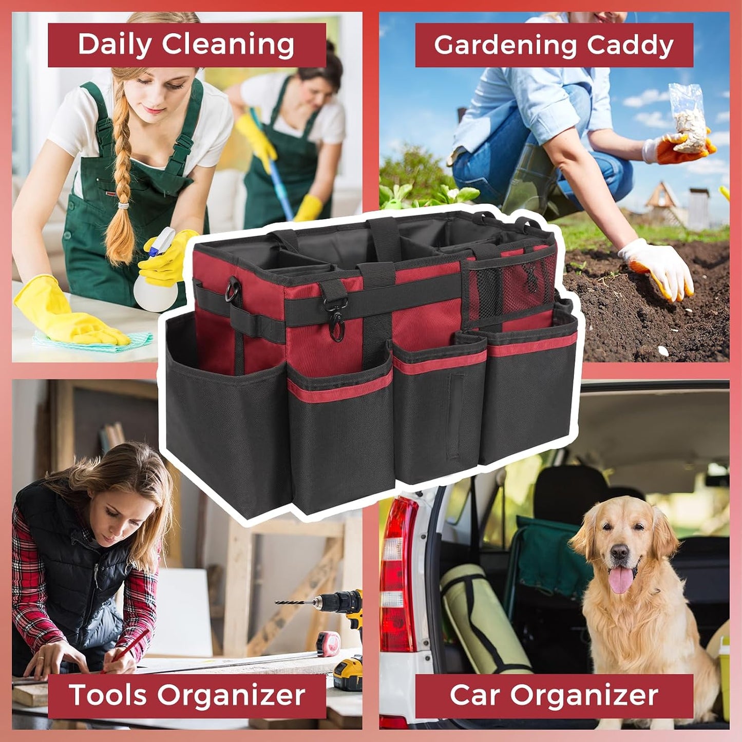 SCAVATA Wearable Cleaning Caddy, Cleaning Caddy Supplies Organizer with Handle & Shoulder Straps for Housekeepers, Under Sink & Car Cleaning Tool Organizers Bag with 4 Foldable Divider (NavyBlue)