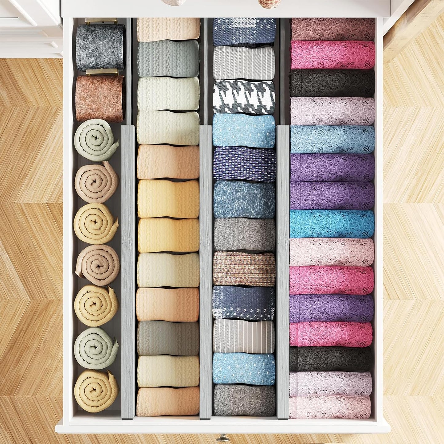 SpaceAid Bamboo Dresser Drawer Dividers 6 Pack, 4.65“ High Adjustable 12.5“-17” Drawer Organizers, Expandable Organization for Clothing, Clothes, Dressers, Natural