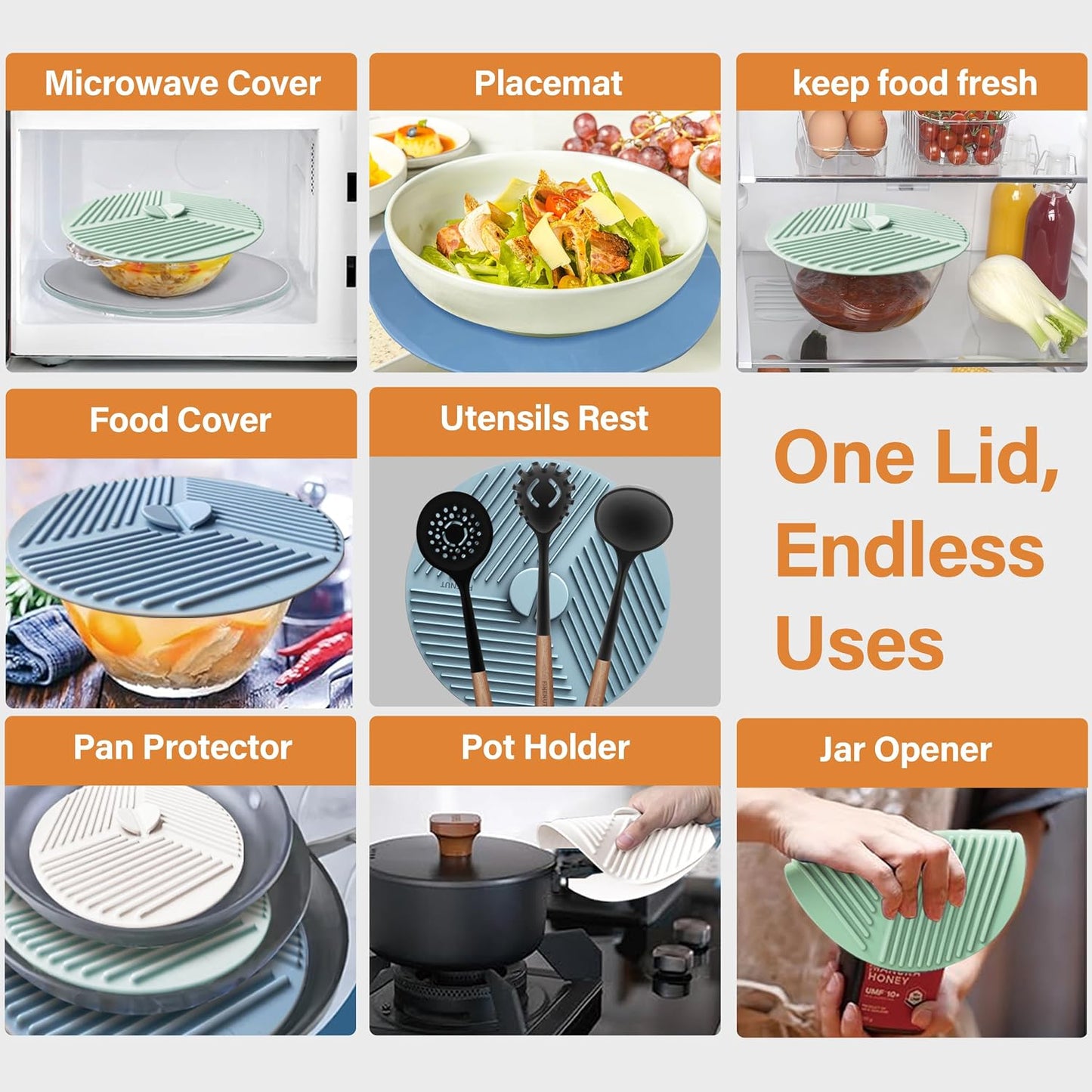 Silicone Lids for Bowls 3 Pack 6/8/10 Inch, Microwave Splatter Cover Food Storage Universal Multi-Use Pot Holders Trivet Mats, Heat Resistant Dishwasher Safe for Pans Plates Cups