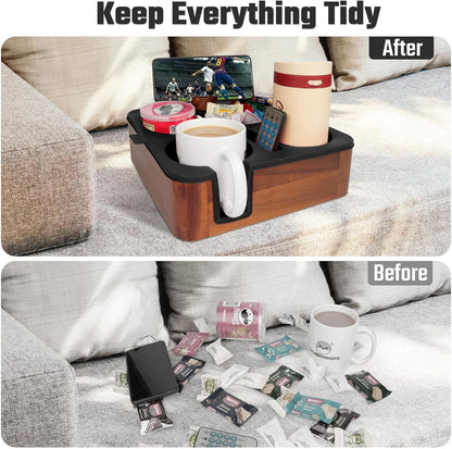 Couch Cup Holder Tray, Real Acacia Wooden Caddy with Soft Silicone, Snack and Drink Organizer- Perfect Movie Night Accessories for Bed, Remote and Cup Holders for Sofa (Black)