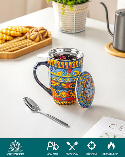 vancasso 18 Oz Tea Infuser Mug with Lid, Mint Petal Whirl | Eye catching Bohemian pattern, adds charm to any tea corner, ceramic mug with infuser, microwave and dishwasher safe