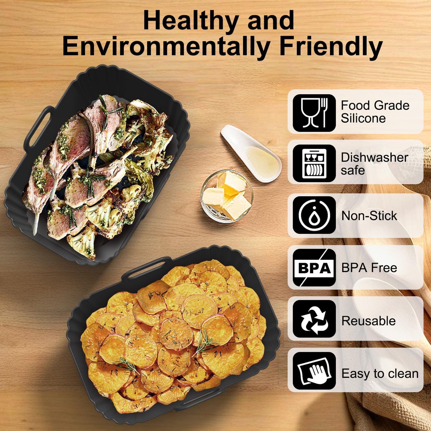 Silicone Air Fryer Liners 2 Pack, Reusable Liners for Ninja Foodi Dual DZ201 DZ401 DZ550 DZ320, COSORI 9QT, Instant & Chefman, Fits 8–10QT Dual Basket Air Fryers