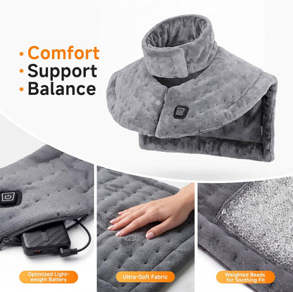 Weighted Heating Pad for Neck and Shoulders Back, Plug-in Heated Shoulder Wrap with 12V 2A Power Cord, No Battery Large Neck Heating Pad, 3 Heat Settings & Auto Shut Off, Ideal Gift for Mom and Dad