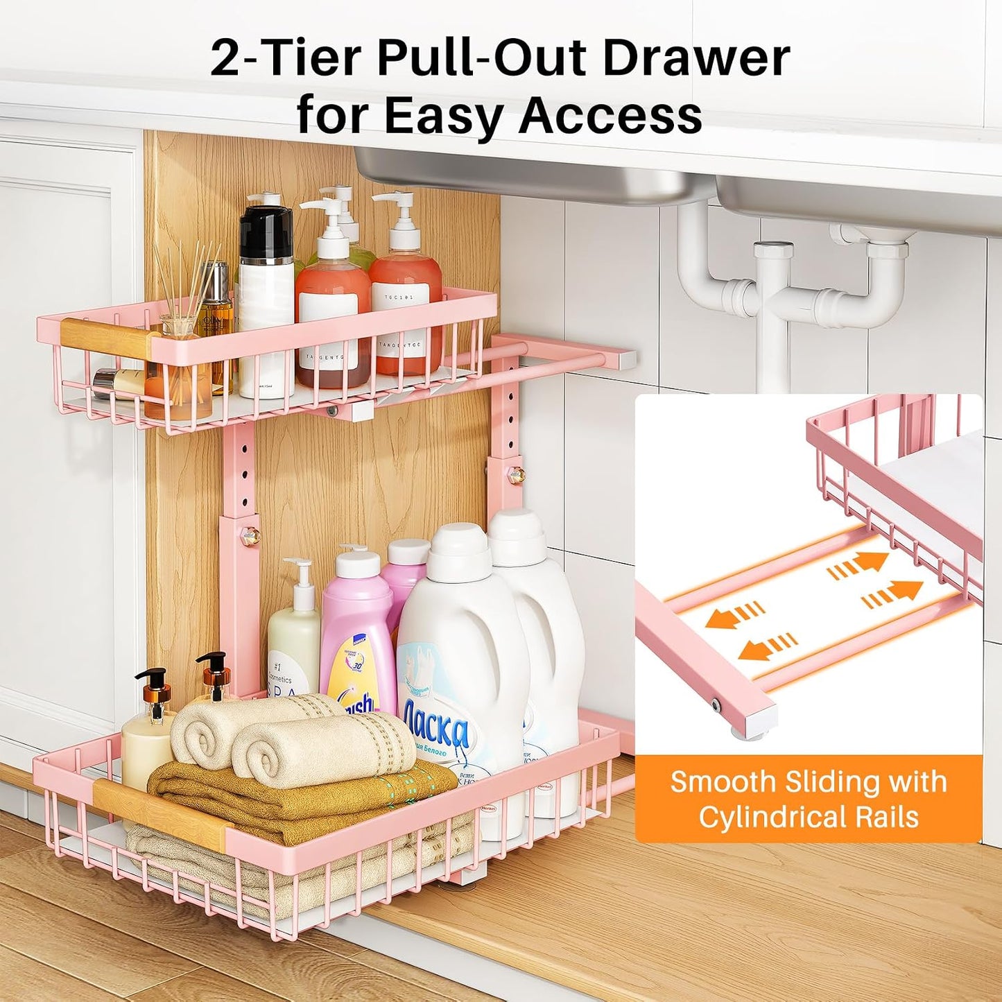 PXRACK Under Sink Organizer, Adjustable Height, 2 Tier Pull Out Under Cabinet Organizer, Slide Out Thickened Metal Under Sink Storage for Kitchen Bathroom Laundry Pantry Cabinet, White, Large-2-Pack
