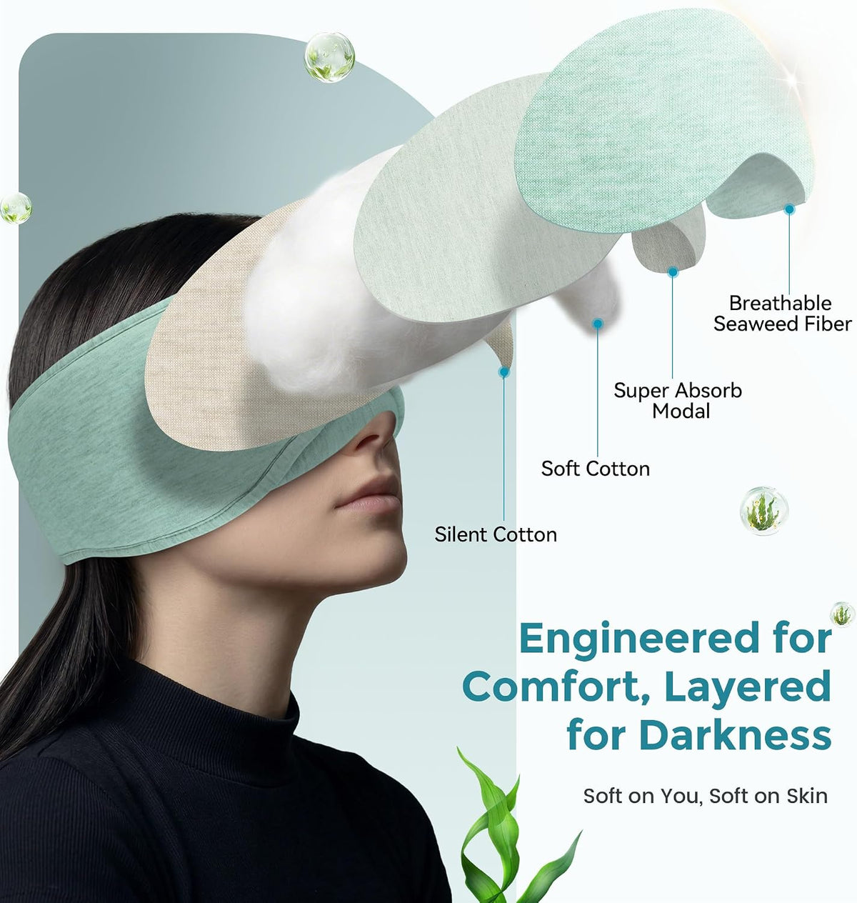 LC-dolida Sleep Masks with Bluetooth Headphones, Soft Seaweed Fiber Cotton Bluetooth Sleep Mask, Total Blackout Fully Wrapped Sleep Mask for Side Sleepers, Travel Meditation Gift, Green