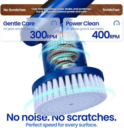 2026 Upgraded Electric Spin Scrubber: 120 Min Runtime, IPX7 Waterproof Cordless Power Scrubber, Adjustable Extension Handle, 8 Heads, 2 Speeds for Shower, Tub, Tile & Floor