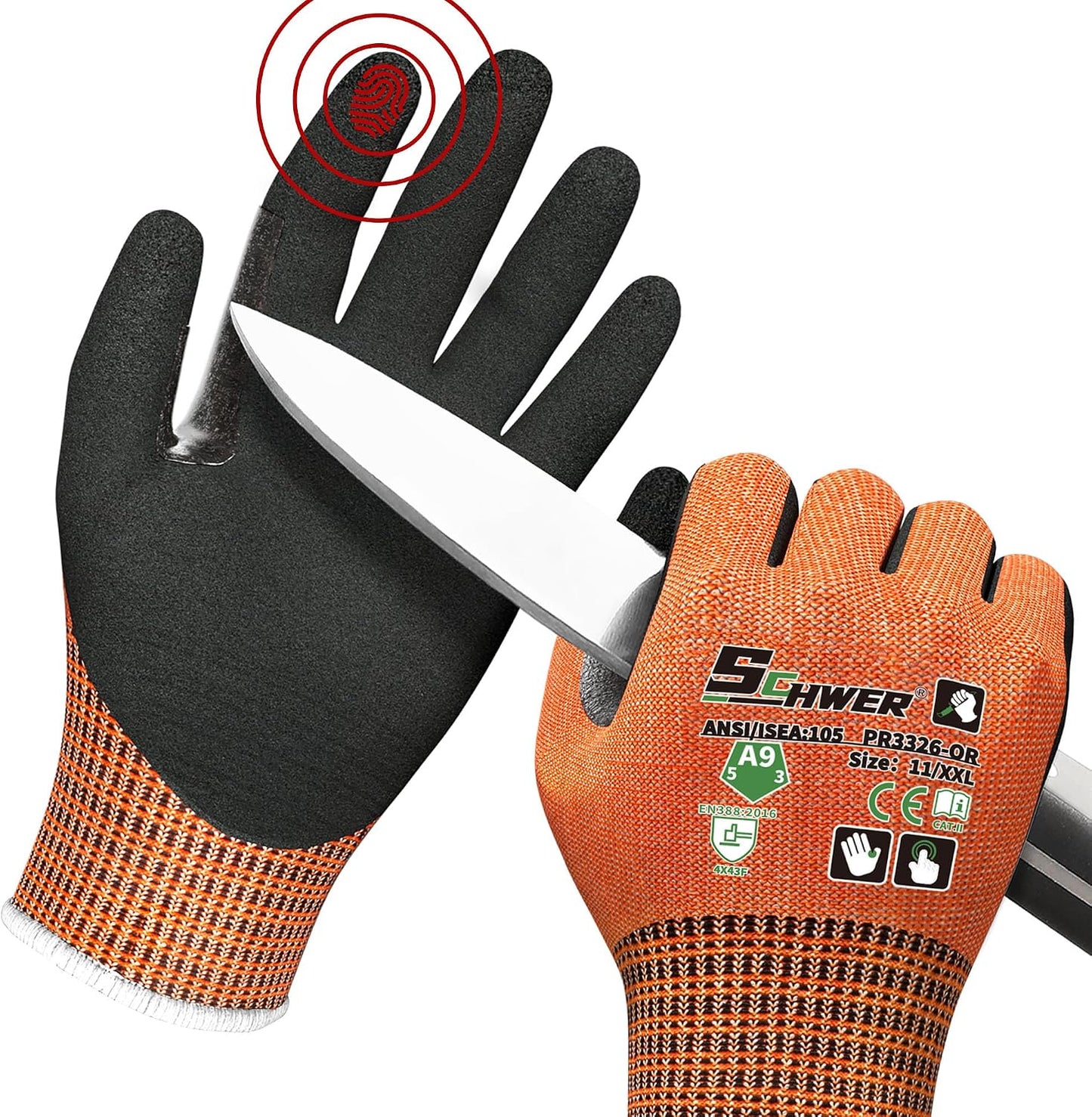Schwer ProGuard High Level Cut Resistant Work Gloves for Extreme Protection, ANSI A9 Cut Gloves with Reinforced Thumb, Non Slip, Breathable, Durable, Touch-screen, Black 1 Pair（L 3326