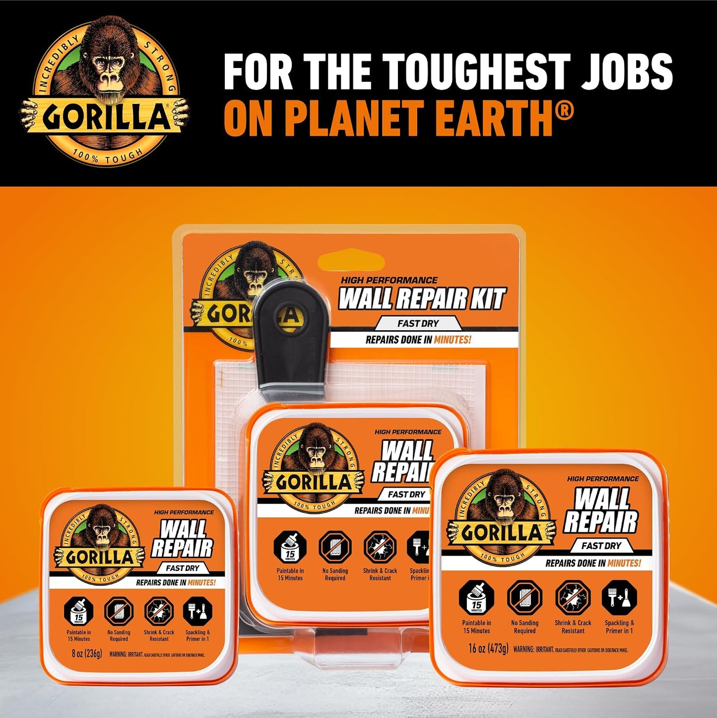GORILLA Wall Repair Kit, Heavy Duty Spackling, 8 fl oz Tub, 4 in Patch | Includes 3 in Putty Knife, Sanding Block, Lightweight Drywall Filler, Strong Repairs for Walls and Ceilings