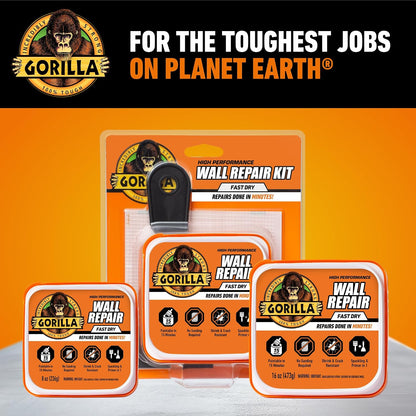 GORILLA Wall Repair Kit, Heavy Duty Spackling, 8 fl oz Tub, 4 in Patch | Includes 3 in Putty Knife, Sanding Block, Lightweight Drywall Filler, Strong Repairs for Walls and Ceilings