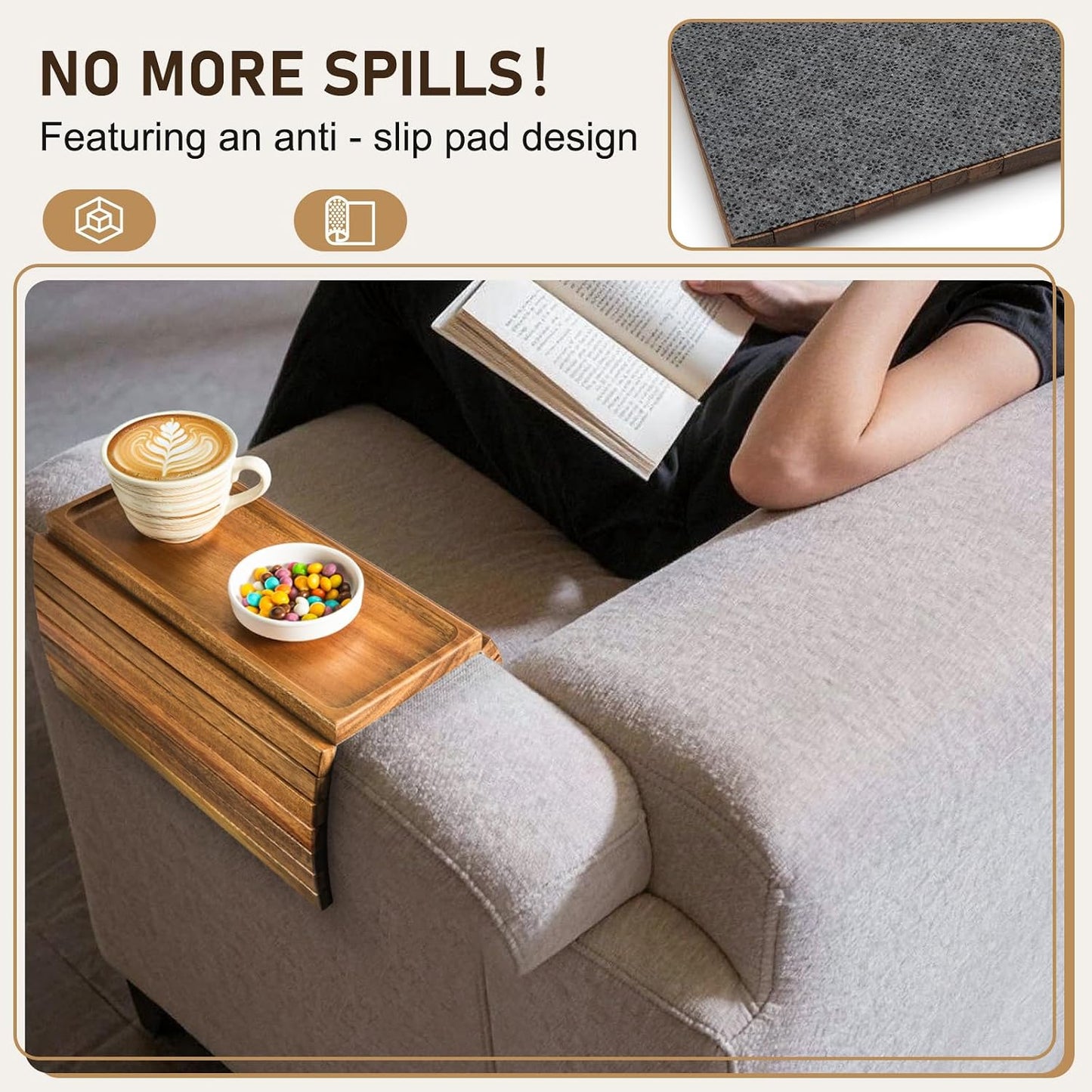 Acacia Wood Couch Armrest Table, Couch Arm Tray, Foldable Anti-Slip Wood Couch Tray, Sofa Cup Holder for Drink Snacks Remote Control