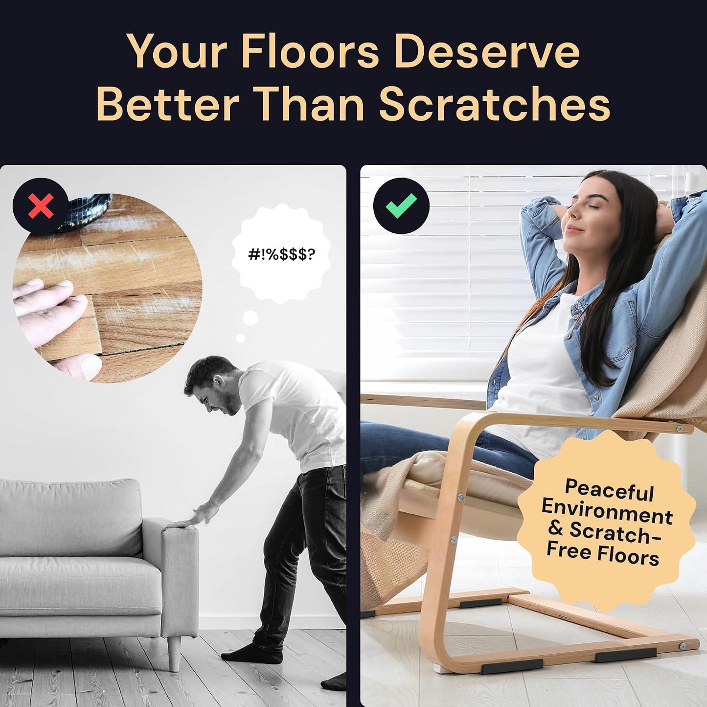 Non-Slip Furniture Pads - 4x4 in Brown, 4 Pack | Square rubber caster cups - anti-skid - Use for heavy sofas, beds & chairs on hardwood floors