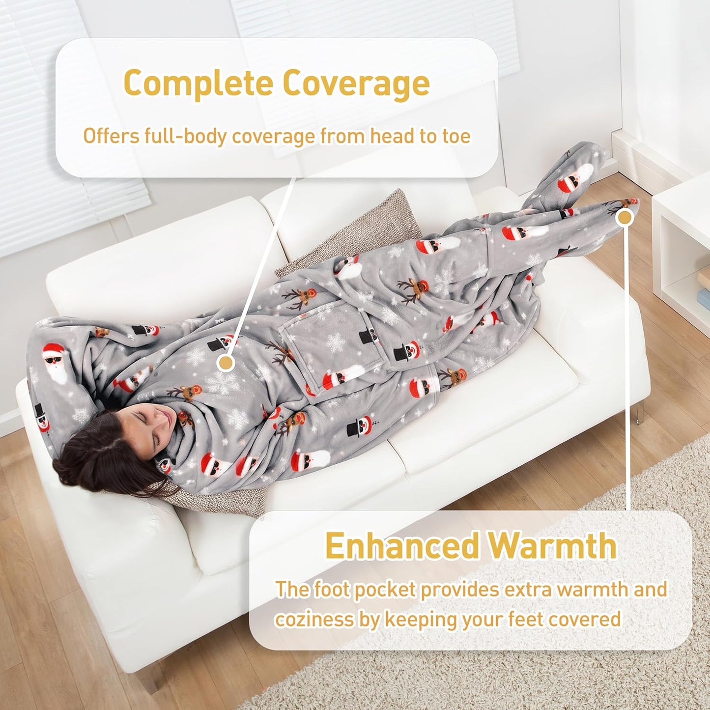 Catalonia Wearable Blanket with Sleeves & Foot Pocket for Adults | Soft Fleece Throw Wrap with Hands-Free Comfort, Perfect for Reading, TV Time & Relaxing, Christmas Gift for Women & Men