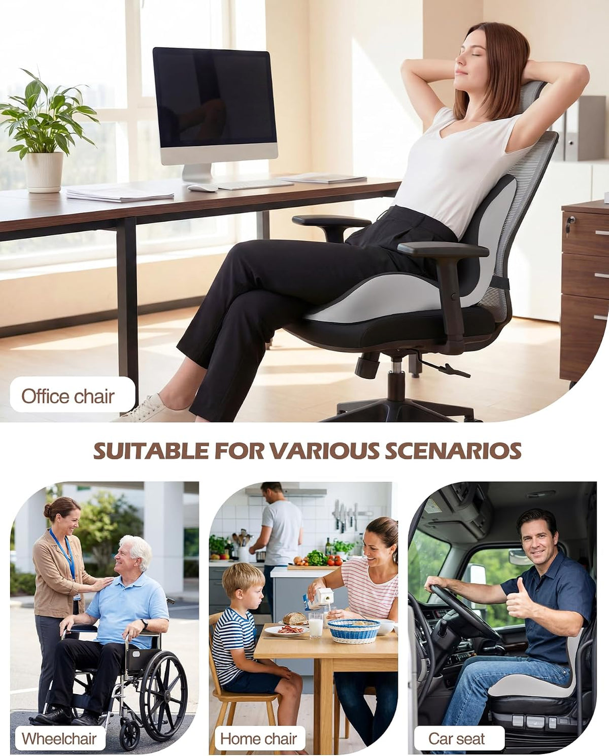 Office Chair Cushion for Tailbone & Low Back Pain Relief, Seat Cushions for Office Chairs with Comfortable Foam and High Backrest, Suitable for Office Chairs, Cars, Trucks, and Home Chairs