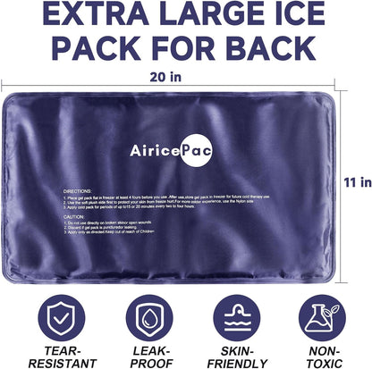 AiricePac Extra Large Gel Flexible Back Ice Packs for Injuries Reusable, 11”x 20” Cold Pack Wrap for Knee Leg Neck Shoulder Hip Back Pain Relief, Cold Compress Therapy for Swelling, Bruises, Surgery