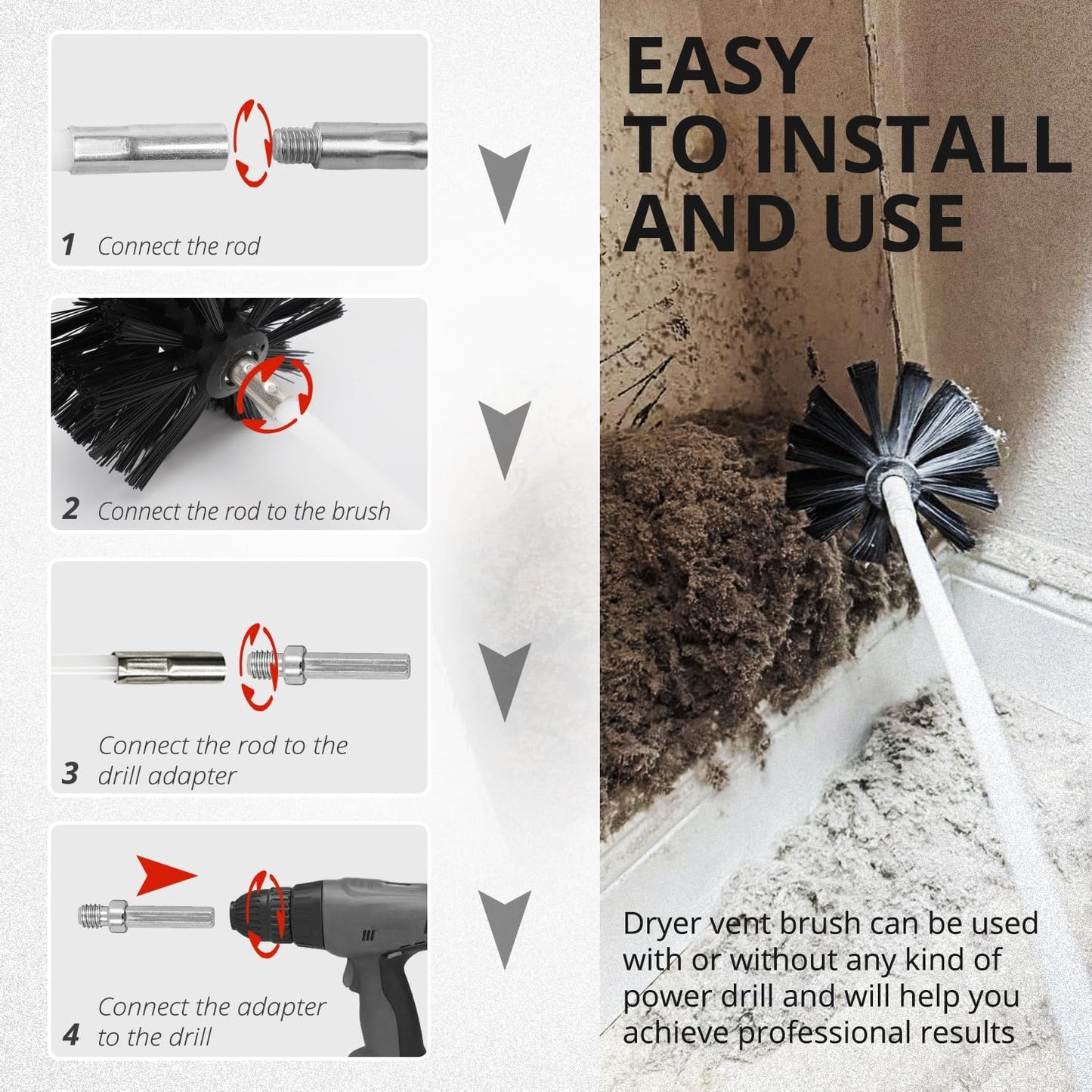 6 Inch Dryer Vent Cleaner Brush Head, Duct Cleaning Brush with 3/8” Hex Shaft Drill Attachment for Dryer Vent Cleaning, Fireplace, Chimney Washing, Compatible with Standard M8 Flexible Rods