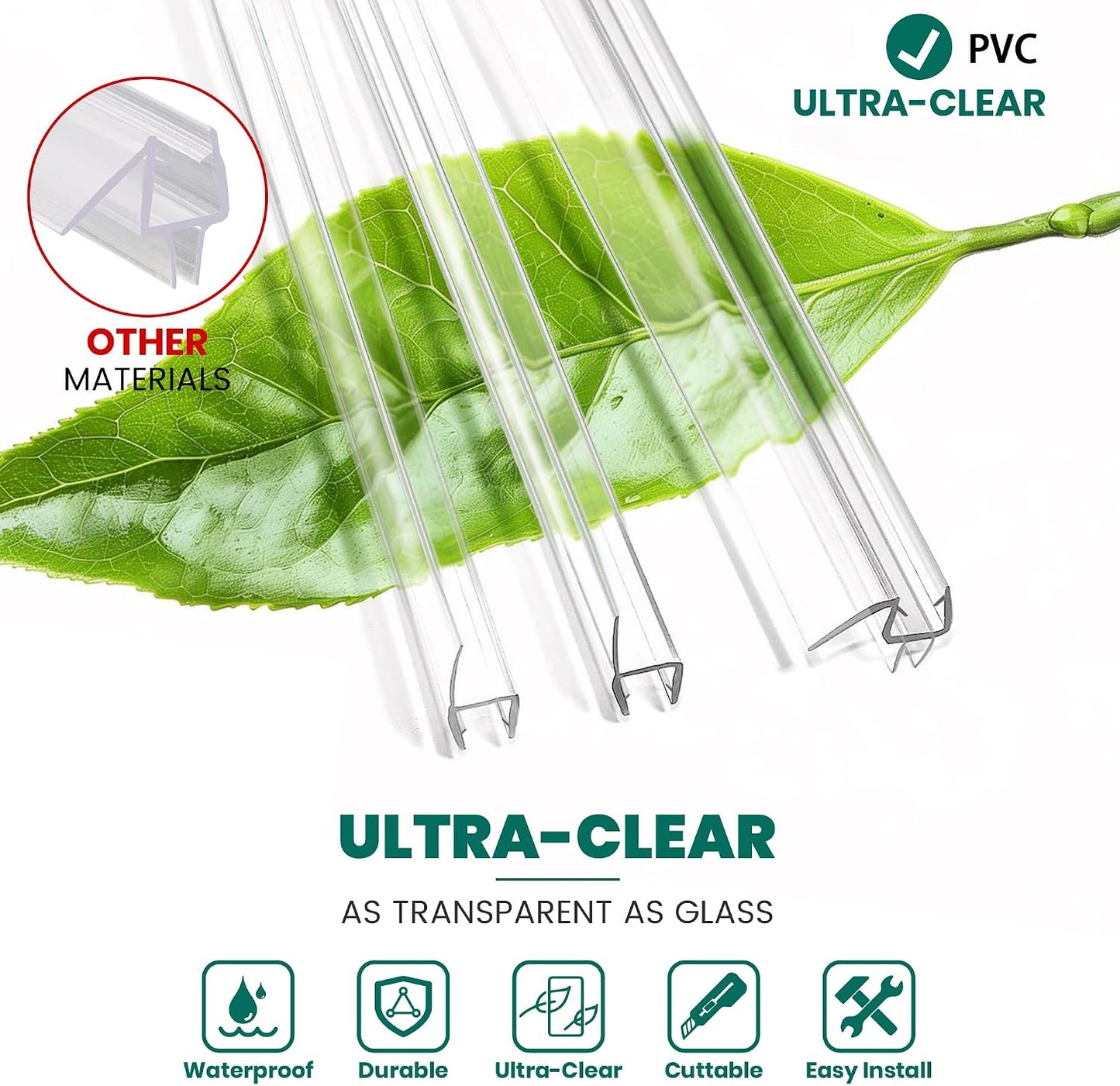 2 PCS Shower Door Bottom Seal, 3/8” X 36” Frameless Shower Glass Door Seal Strip, Clear PVC Shower Door Sweep Stop Shower Leaks, Shower Seal for 3/8 Inch (10mm) Glass