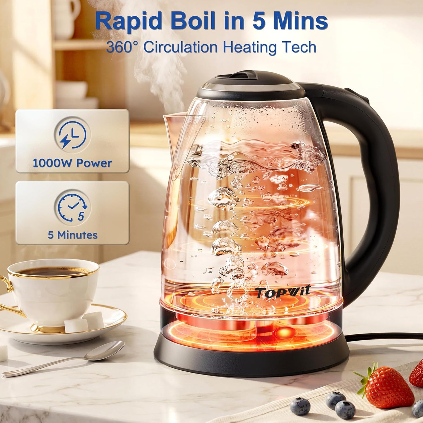 TOPWIT 2.0L Glass Electric Kettle, Hot Water Boiler, BPA-Free | Stainless Steel Bottom & Lid, Fast Boil, Auto Shut-Off & Boil-Dry Protection, No Plastic Odor | for Tea, Coffee, Home, Office
