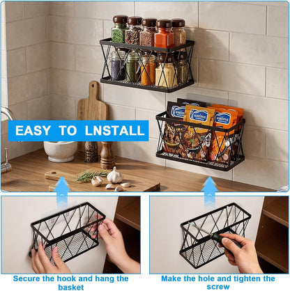8 Pack Cabinet Door Organizer,No Drill Adhesive Metal Pot Lid Holder with 4 Storage Baskets &4 Tumbler Lid Holders,Rustproof Inside Cabinet Food Container Lid Storage Rack for Kitchen Pantry Bathroom