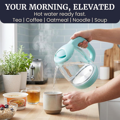 Elite Gourmet EKT1792M 1.7L Glass Kettle, Blue LED, Rapid Boil, 7.2 Cups | Auto Shut-Off, Boil-Dry Protection, 360° Cordless Base, Hot Water for Tea, Coffee & Oatmeal