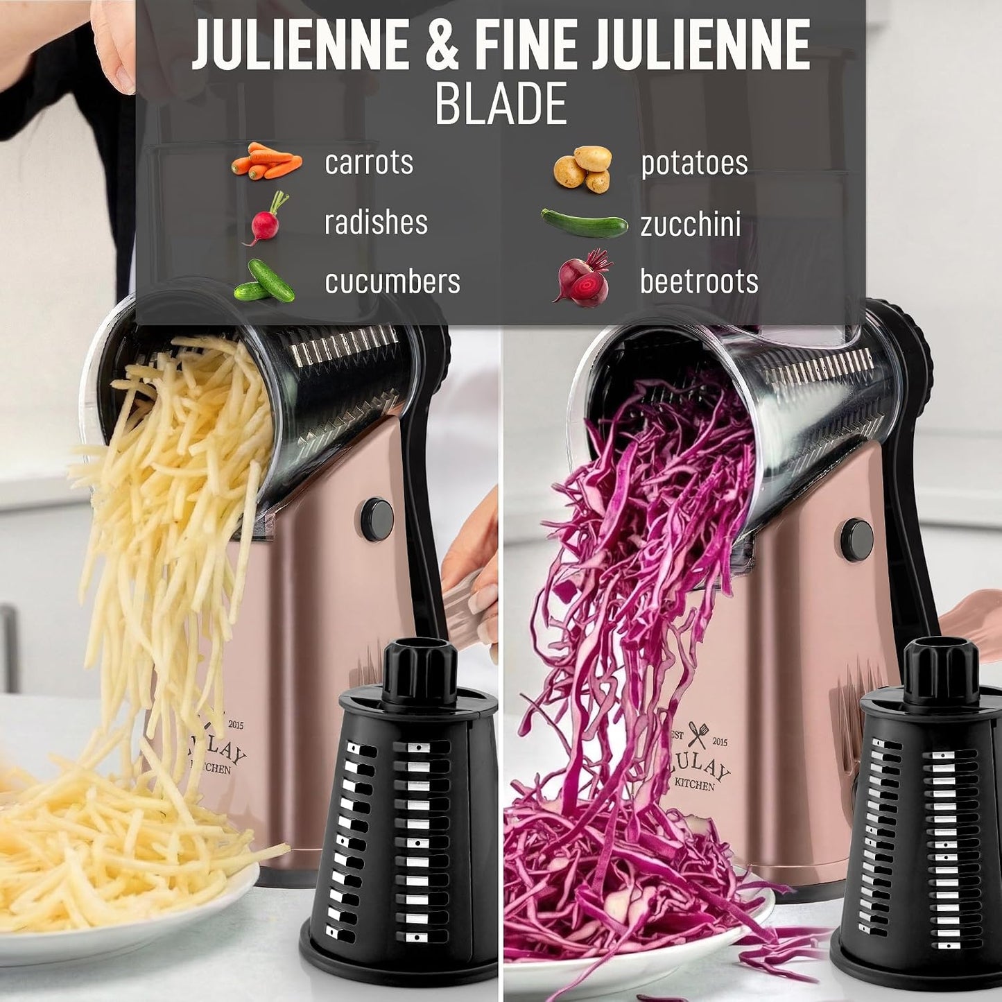 Zulay Kitchen Rotary Cheese Grater 5 Blade Cheese Shredder - Manual Hand Crank Cheese Grater With Reinforced Suction & 5 Interchangeable Drums - Easy to Use, Vegetable Chopper Round Mandoline Slicer - Colors B