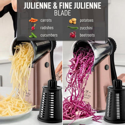 Zulay Kitchen Rotary Cheese Grater 5 Blade Cheese Shredder - Manual Hand Crank Cheese Grater With Reinforced Suction & 5 Interchangeable Drums - Easy to Use, Vegetable Chopper Round Mandoline Slicer - Colors B