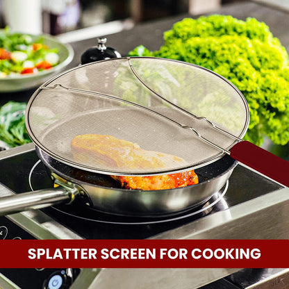 13" Grease Splatter Screen for Cooking | Stainless Steel Oil Splatter Guard and Ultra-Fine Mesh Protects Skin from Burns | TPR Tight-Grip Handle (Red)
