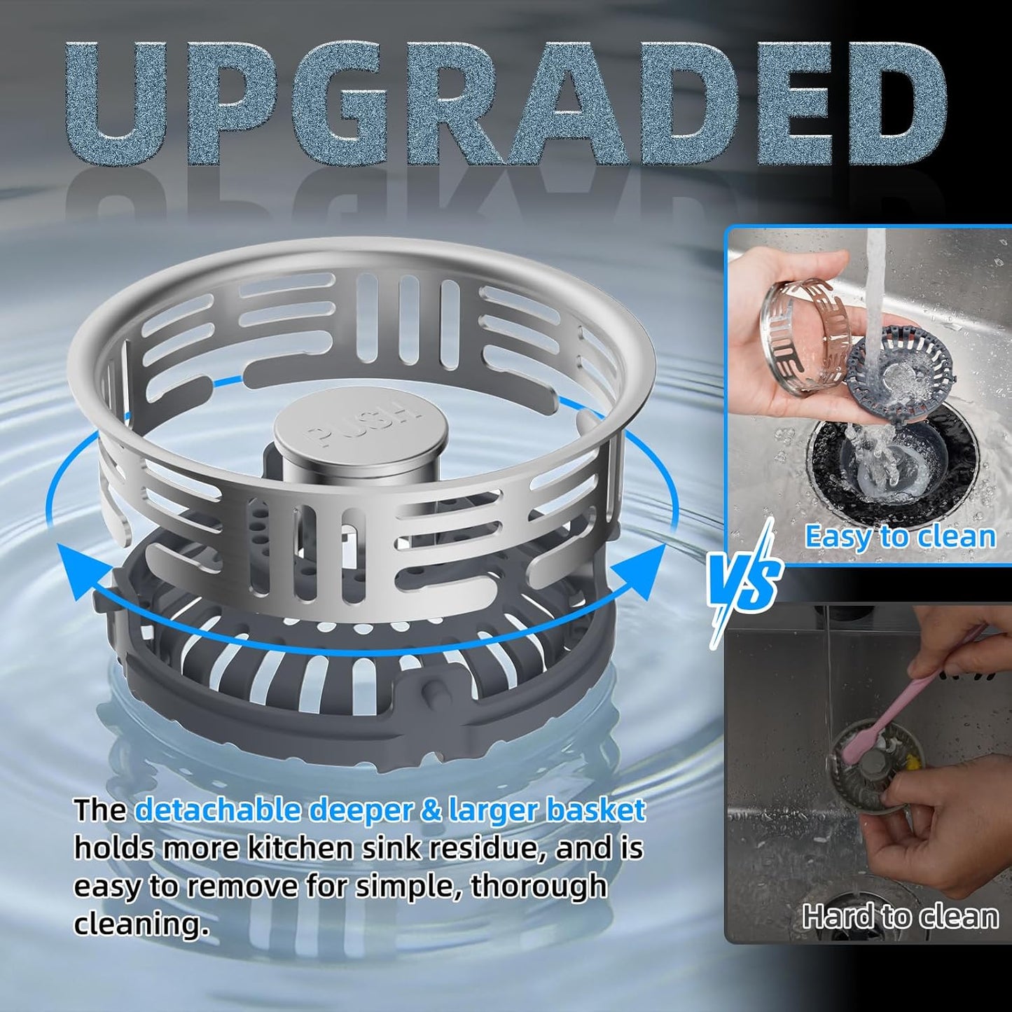 Hibbent 3 in 1 Kitchen Sink Drain Strainer, Metal Pop Up Stopper | Larger Anti-Clogging Basket, 3-Layer Seal, Detachable Sink Drain Plug for US Standard 3-1/2" Drain, Brushed Stainless Steel