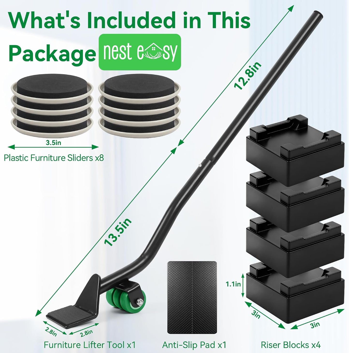 Furniture Lifter Tool 8-Pack of 3.5" Sliders, Save 80% Effort | Complete Moving Kit with Cushioned Pad - Effortlessly Moves Sofas, Couches & Appliances on Carpet or Hardwood Floors Safely