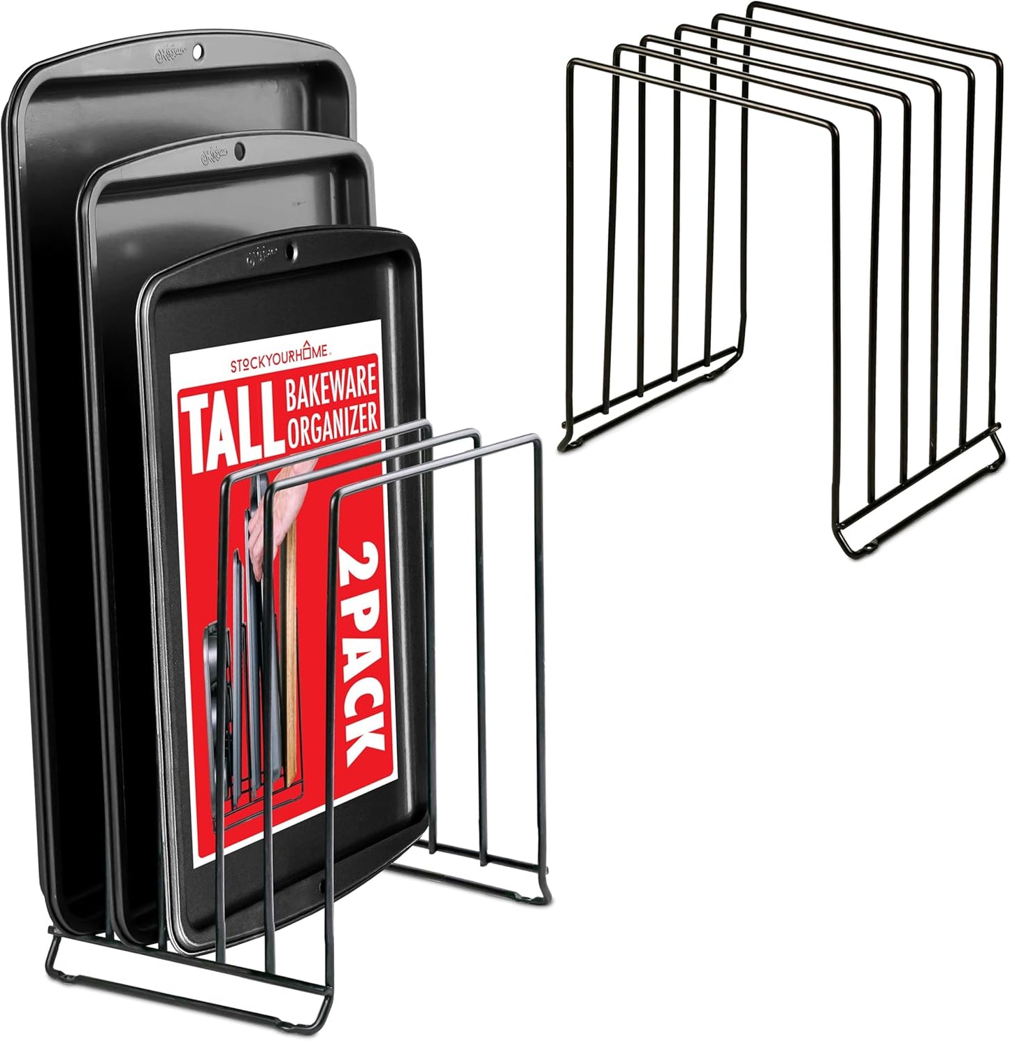 Stock Your Home Black (2 Pack) Extra Tall Steel Baking Pan Organizer Rack for Cabinet Storage or Kitchen Counter, Cookie Baking Sheet Organizer with Dividers, Muffin Tin and Cutting Board Holder
