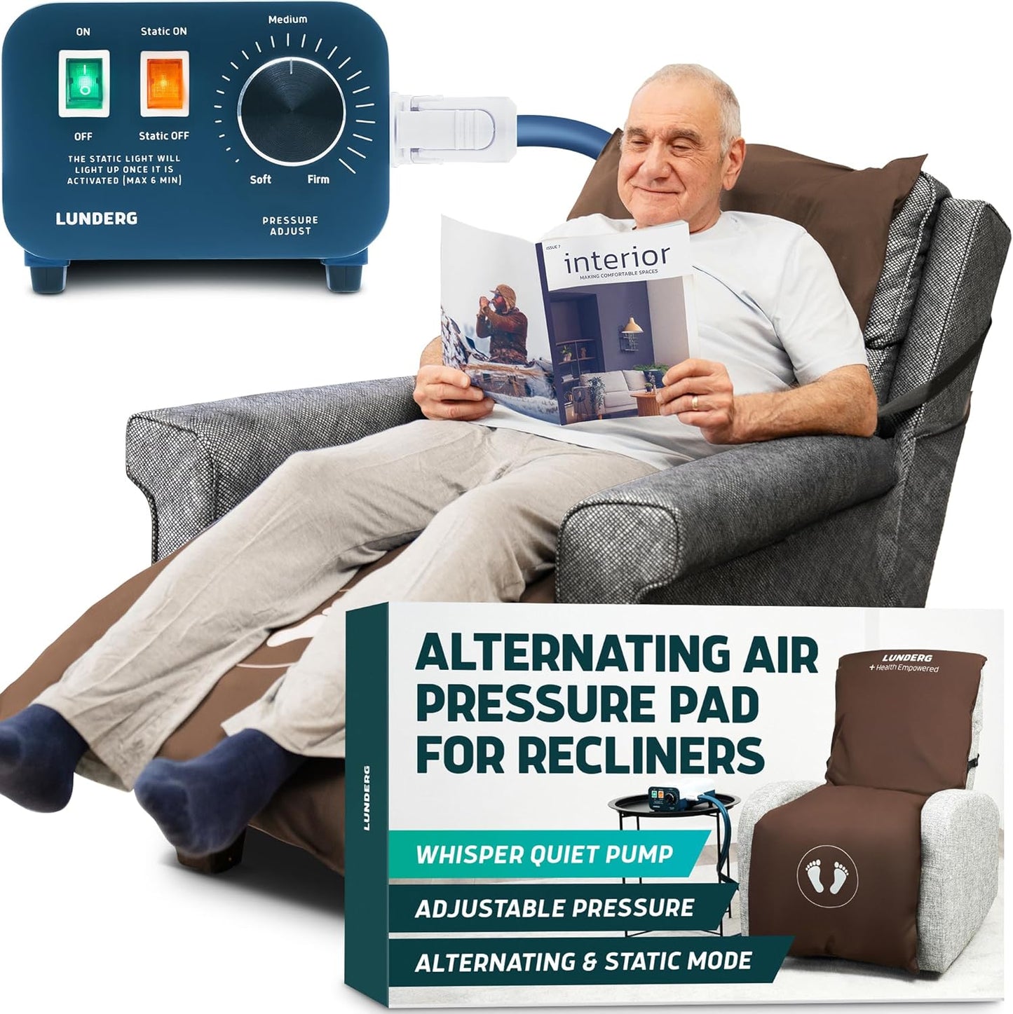Lunderg Alternating Air Pressure Pad for Recliner Chair with Quiet Pump | Pressure Relief Cushion for Recliner - Bed Sore Prevention - Medical Grade Mattress Pad & Coffee Cover - For Home or Hospital