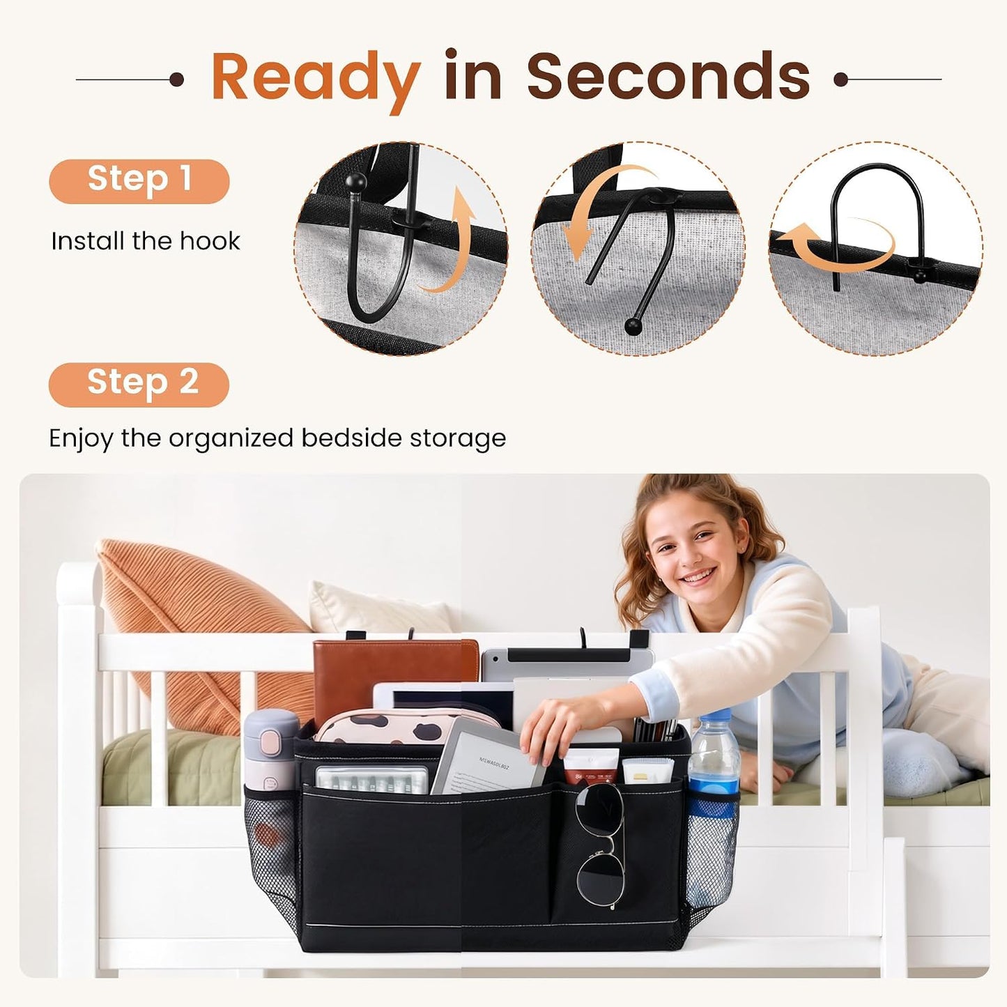 Fab totes Bedside Caddy/Bedside Storage Bag Hanging Organizer for Bunk and Hospital Beds, Dorm Rooms Bed Rails, Can Hold Glasses, Books, Mobile Phones, Keys (1 Pack, Black)