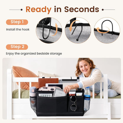 Fab totes Bedside Caddy/Bedside Storage Bag Hanging Organizer for Bunk and Hospital Beds, Dorm Rooms Bed Rails, Can Hold Glasses, Books, Mobile Phones, Keys (1 Pack, Black)