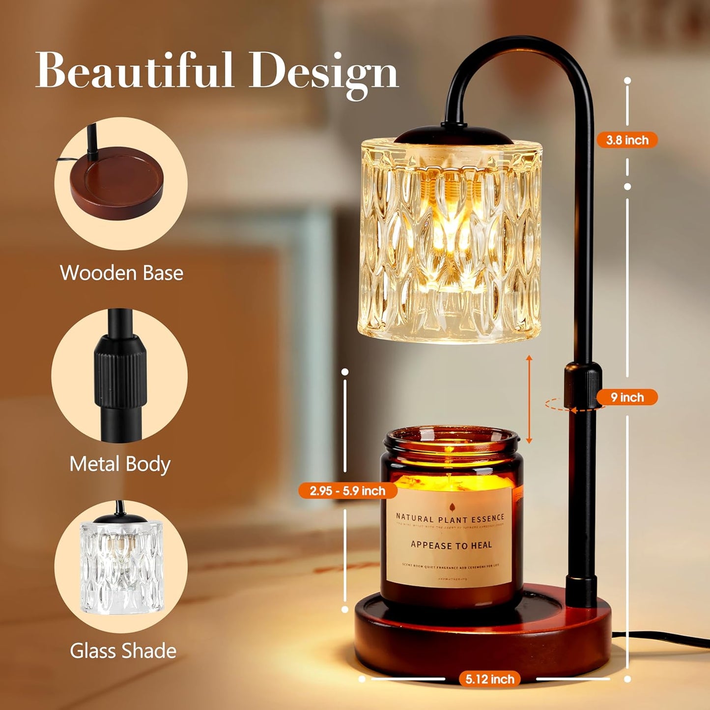 Briever Dimmable Candle Warmer Lamp with Timer, Height Adjustable Electric Candle Wax Warmer, Christmas Birthday Gifts for Women Mom, House Warming Gifts New Home Room Decor, Black Solid Wood Base