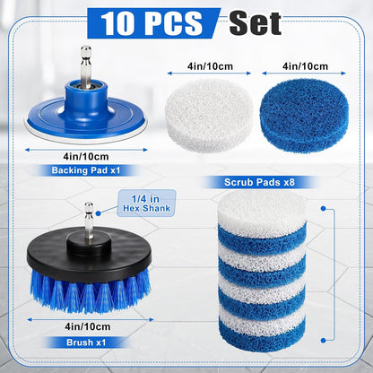 10 Pack 4 in Drill Powered Scrubber Pads Cleaning Kit | Drill Brush Attachment with Drill Brush, for Cleaning Bathrooms Showers, Tubs, Tile, Floors, Sinks, Toilets, Grime Removal