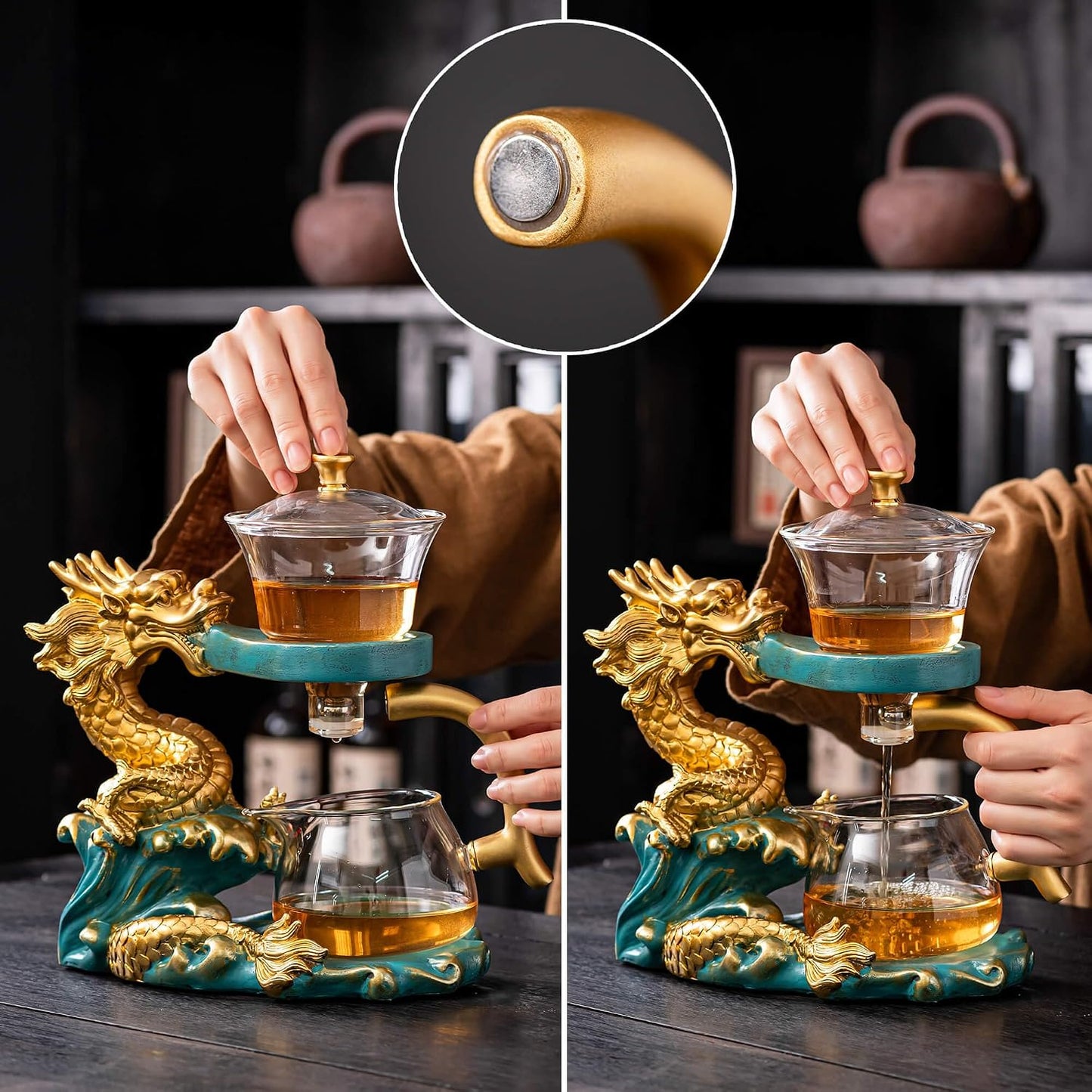 Glass Kungfu Teapot Set Tea maker with Infuser Semi Automatic Tea Set with 6 Small Cups (Red)