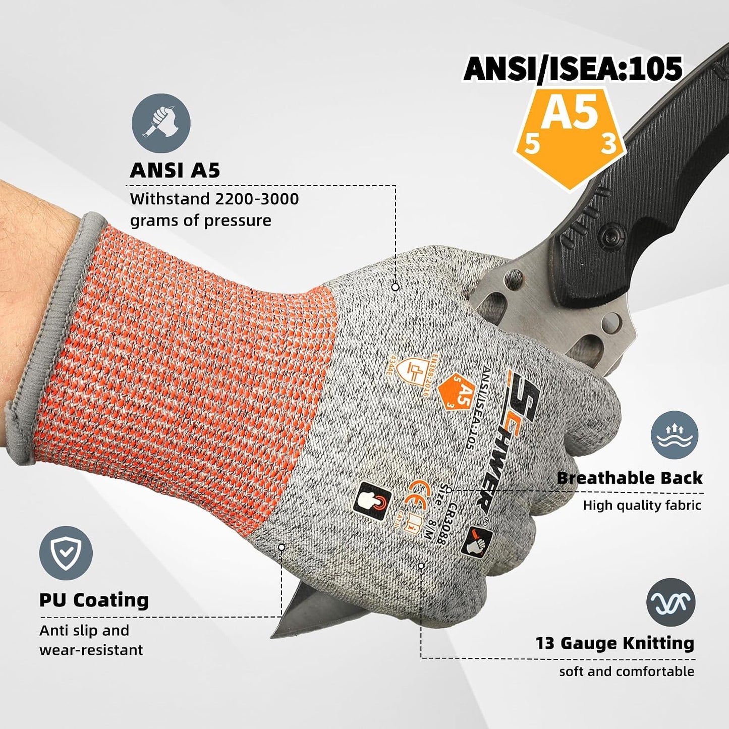 Schwer 12 Pairs A5 Cut Resistant Gloves, Non PFAS & Fiberglass，CR3088, L | Non PFAS Fiberglass, PU Coating, Strong Grip, Abrasion Resistant, for Glass Cutting, Warehouse Handling, Gardening Work