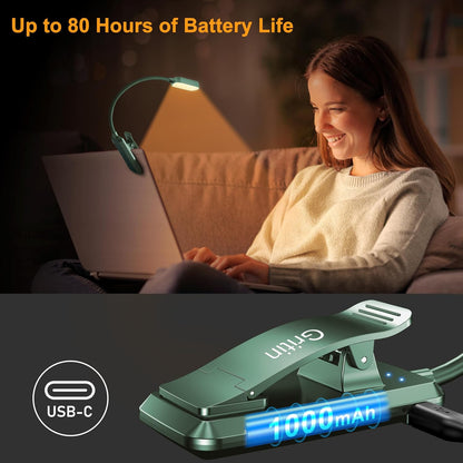 Gritin 16 LED Rechargeable Book Light for Reading in Bed | Eye Caring 3 Color Temperatures,Stepless Dimming Brightness,80 Hrs Runtime,Lightweight Flexible Clip on Light for Book Lovers