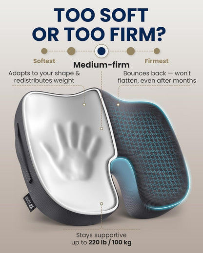 5 STARS UNITED Seat Cushion - Memory Foam Chair Cushion for Tailbone Pain Relief - Ergonomic Support for Coccyx, Sciatica & Butt - Office, Desk & Gaming Chair, Car Seat, Wheelchair, Airplane, Black