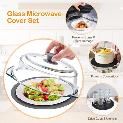 Glass Microwave Splatter Cover for Food with Microwave Place Mat - Sturdy Plate Guard Lid with Vent Holes and Easy-Grip Silicone Handle - BPA Free, Dishwasher Safe (Black)