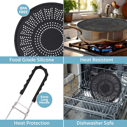 XL 11.5" Silicone Splatter Screen Shield- Multi Use Cover w Foldable Handle | Features Built in Water Strainer, Protect from Oil, Grease with Shield Guard- Fits Most Kitchen Frying Pans, Heat Resistant