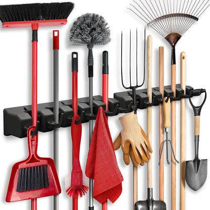 HOME IT Broom and Mop Holder Wall Mount – Heavy Duty Garage Organizer with 5 Slots & 6 Hooks, 7.5lbs Capacity Per Slot - Easy Install Storage Rack for Home, Kitchen, Laundry Room & Garden - Off-White
