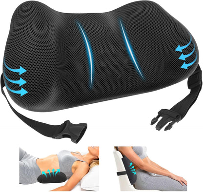 Lumbar Support Pillow, Memory Foam Back Cushion for Office Chair Car, Black | Ergonomic Lower Back Support with Adjustable Strap, Breathable Removable Cover for Couch, Wheelchair and Daily Comfort