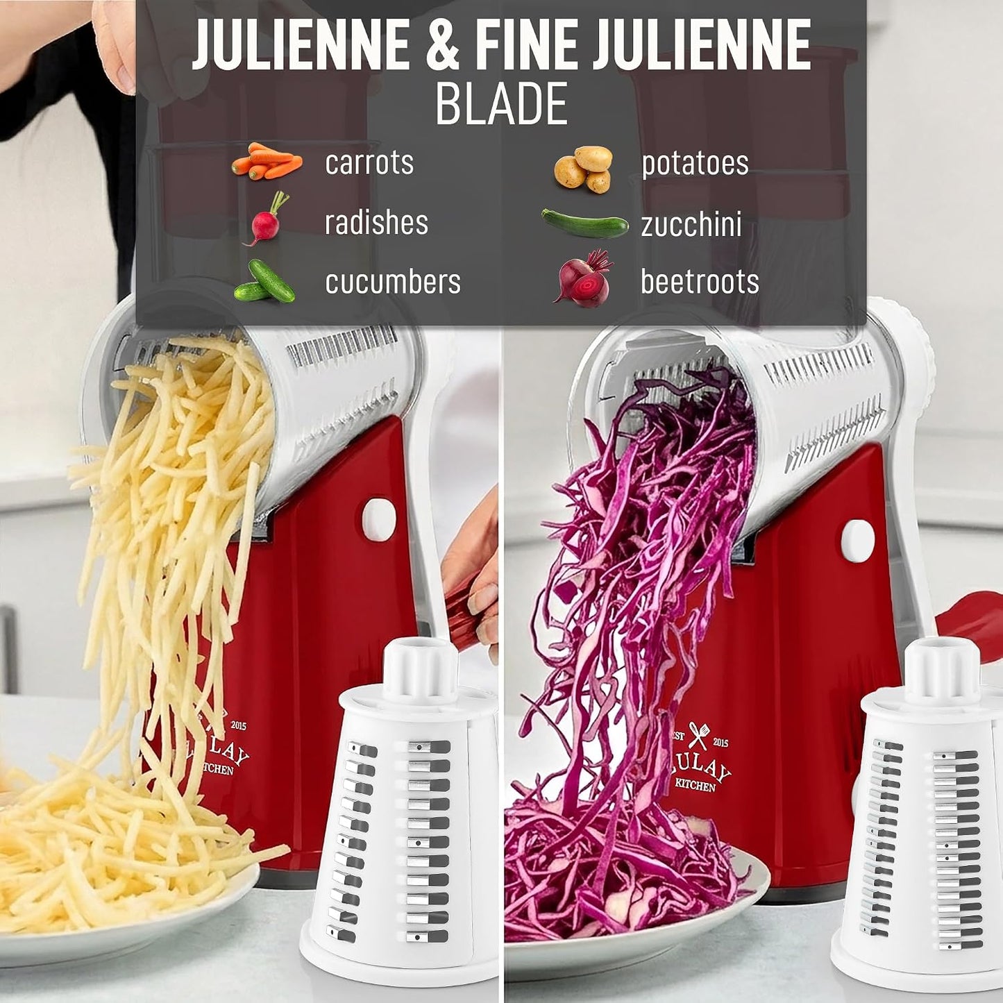 Zulay Kitchen Rotary Cheese Grater 5 Blade Cheese Shredder - Manual Hand Crank Cheese Grater With Reinforced Suction & 5 Interchangeable Drums - Easy to Use, Vegetable Chopper Round Mandoline Slicer - Colors A