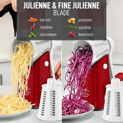 Zulay Kitchen Rotary Cheese Grater 5 Blade Cheese Shredder - Manual Hand Crank Cheese Grater With Reinforced Suction & 5 Interchangeable Drums - Easy to Use, Vegetable Chopper Round Mandoline Slicer - Colors A