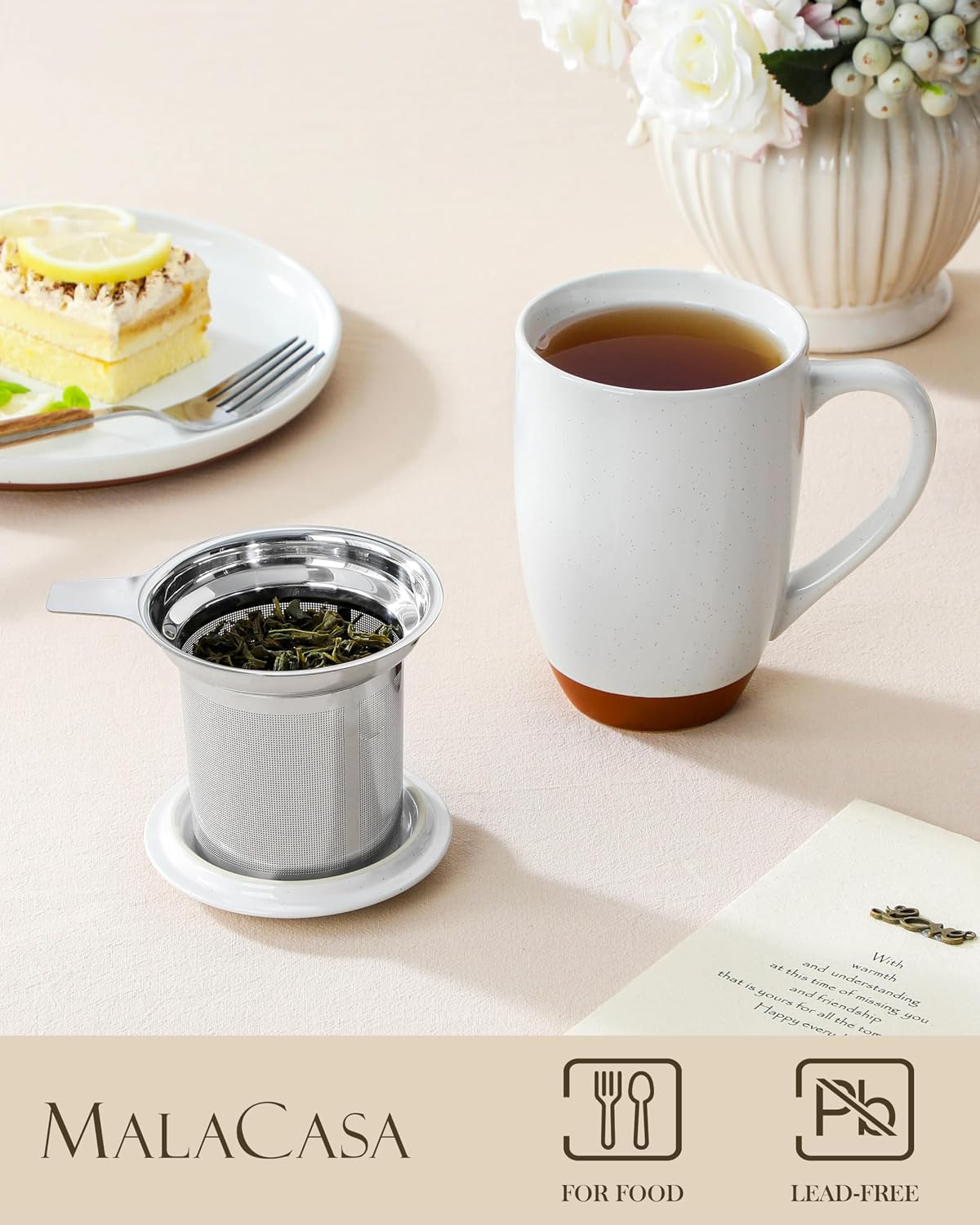 MALACASA Ceramic Tea Mug with Lid and Stainless Steel Infuser, 18 oz Large Tea Cup for Loose Leaf Tea, Heat-Resistant, Microwave & Dishwasher Safe, Speckled Glaze Coffee & Tea Brewer Mug, Khaki Brown